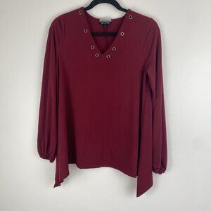 Allison Brittney Women's Sharkbite Hem Blouse Size S Red Grommet V Neck